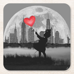Posavasos Cuadrado De Papel NUEVA YORK Luna Llena Niña Corazón Globo de Papel