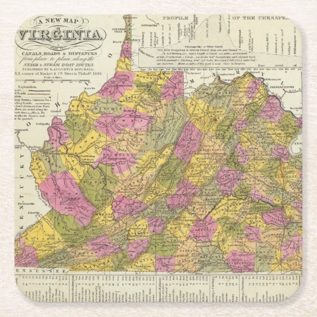Posavasos Cuadrado De Papel Nuevo mapa de Virginia (Anverso)