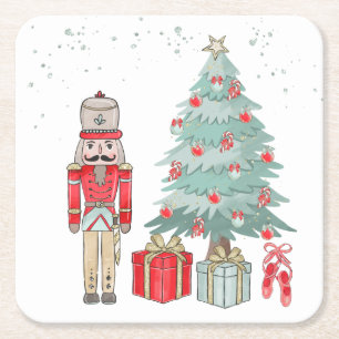 Posavasos Cuadrado De Papel Nutcracker, árbol de Navidad y regalos