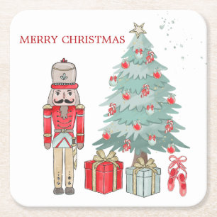 Posavasos Cuadrado De Papel Nutcracker, árbol de Navidad y regalos