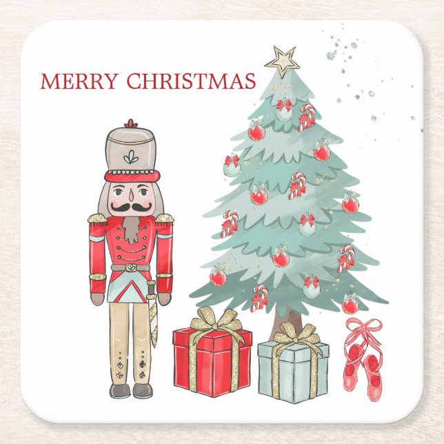 Posavasos Cuadrado De Papel Nutcracker, árbol de Navidad y regalos (Anverso)