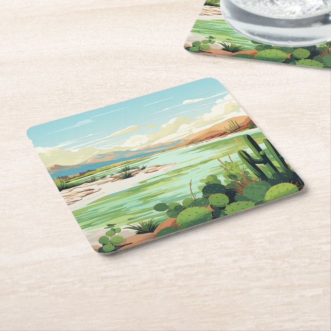 Posavasos Cuadrado De Papel Oasis del Desierto Verdes Beach Lake (En perspectiva)