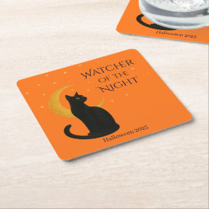 Posavasos Cuadrado De Papel Observador de la noche - Gato negro de Halloween