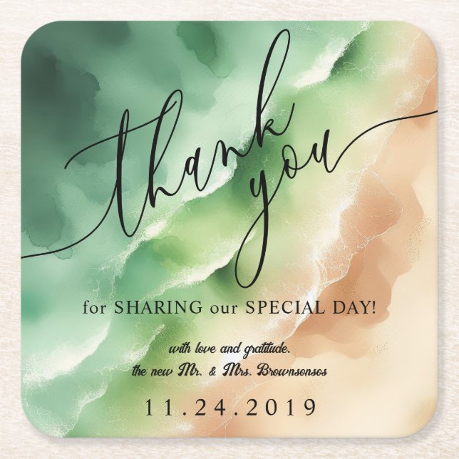 Posavasos Cuadrado De Papel Ocean Beach Sunny Watercolor Verano Fiesta (Anverso)