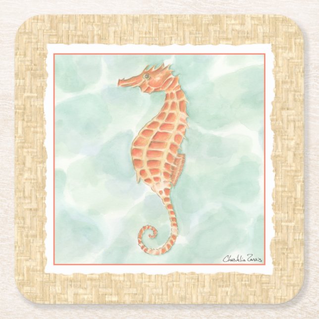Posavasos Cuadrado De Papel Ocean Naranja Seahorse (Anverso)
