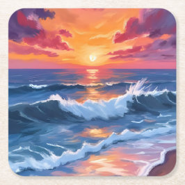 Posavasos Cuadrado De Papel Ocean Sunset Beach Waves Watercolor