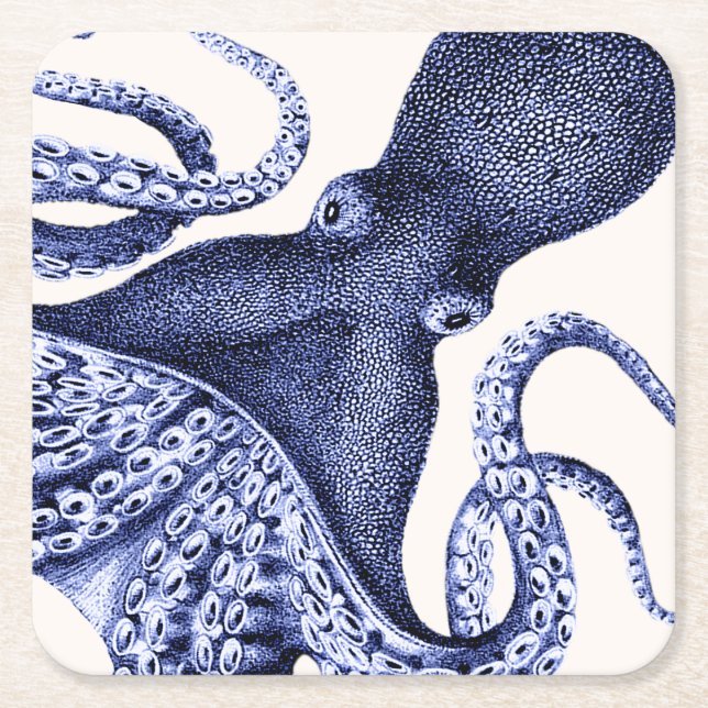 Posavasos Cuadrado De Papel Octopus azul paisajístico (Anverso)
