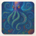 Posavasos Cuadrado De Papel Octopus azul trippy<br><div class="desc">Este diseño presenta un pulpo azul psicodélico bajo el mar.</div>