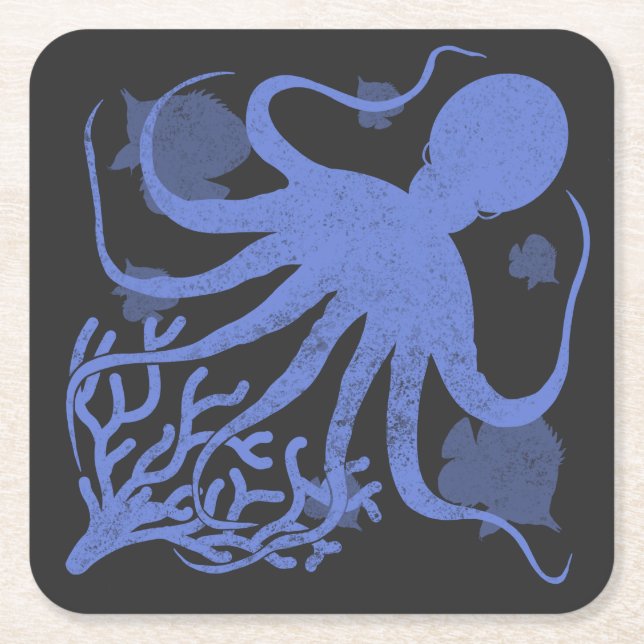 Posavasos Cuadrado De Papel Octopus (fondo oscuro) (Anverso)