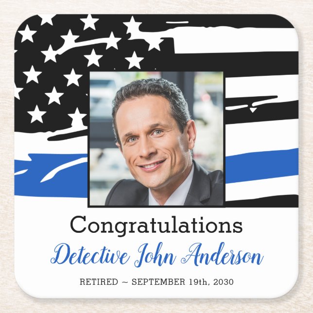 Posavasos Cuadrado De Papel Oficial de policía foto retiro delgado de la línea (Anverso)