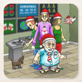 Posavasos Cuadrado De Papel Oficina de Navidad con Papá Noel