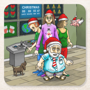 Posavasos Cuadrado De Papel Oficina de Navidad con Papá Noel