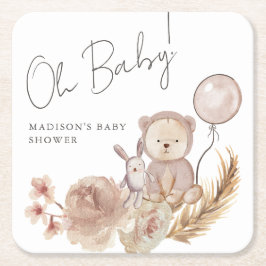 Posavasos Cuadrado De Papel Oh Baby Boho Botanical con Sweet Bear Baby Shower