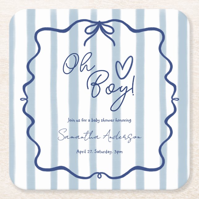 Posavasos Cuadrado De Papel Oh Boy Cute Moderno Stripes Azules Baby Shower (Anverso)
