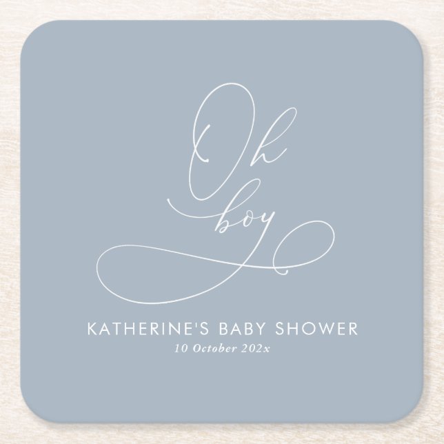 Posavasos Cuadrado De Papel Oh Boy Dusty Blue Baby Shower (Anverso)