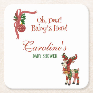 Posavasos Cuadrado De Papel Oh, Deer! Baby’s Here! – Christmas Baby Shower