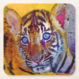 Posavasos Cuadrado De Papel Ojos Azules Bebé Cachorro de Tigre