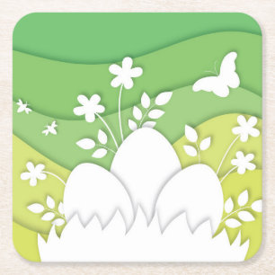 Posavasos Cuadrado De Papel Olas amarillas verdes huevos de Pascua