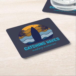 Posavasos Cuadrado De Papel Olas de caza Arte Retro Surfboard Beach