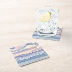Posavasos Cuadrado De Papel Olas de océano soñadoras Acuarela