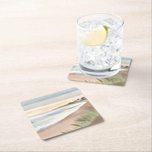 Posavasos Cuadrado De Papel Olas de Playa Acuarela de Agua de Océano Costero