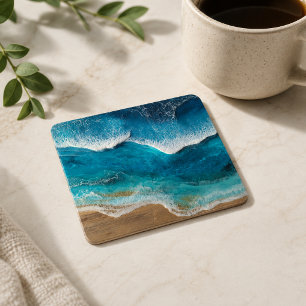 Posavasos Cuadrado De Papel Olas de resina falsa azul costa playa