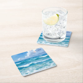 Posavasos Cuadrado De Papel Olas del Océano Acuarela Playa Boda Costera
