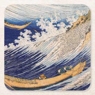 Posavasos Cuadrado De Papel Olas del océano de Hokusai Barcos marinos