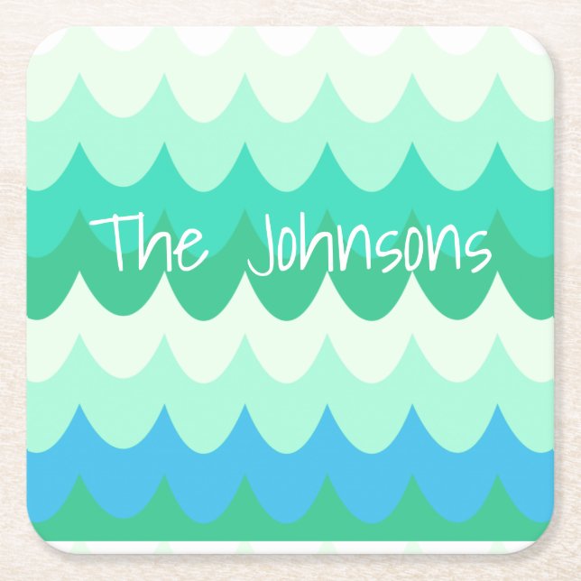Posavasos Cuadrado De Papel Olas marinas azules, verdes y Verde azuladas (Anverso)