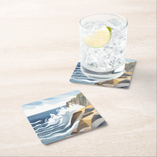 Posavasos Cuadrado De Papel Olas que rompen   Acuarela de costa rocosa