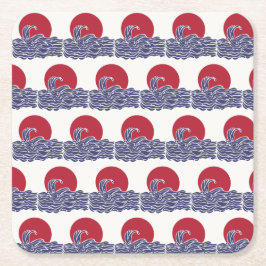 Posavasos Cuadrado De Papel Olas y puesta de sol en los océanos rojo, blanco y