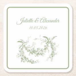 Posavasos Cuadrado De Papel Olive Green Toile de Jouy Wedding Paper Coasters