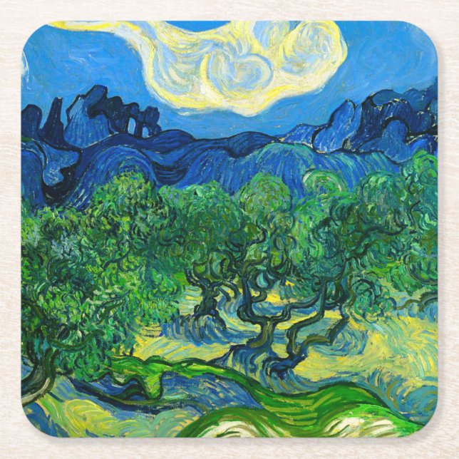 Posavasos Cuadrado De Papel Olivos Van Gogh en un paisaje montañoso (Anverso)