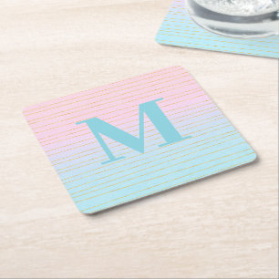 Posavasos Cuadrado De Papel Ombre azul rosado con monograma de líneas doradas