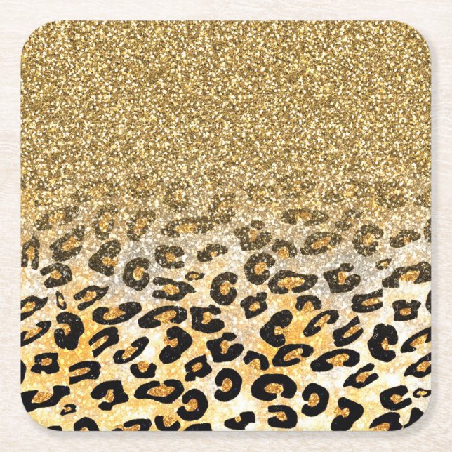 Posavasos Cuadrado De Papel Ombre Purpurina de oro del patrón Leopard moderno (Anverso)
