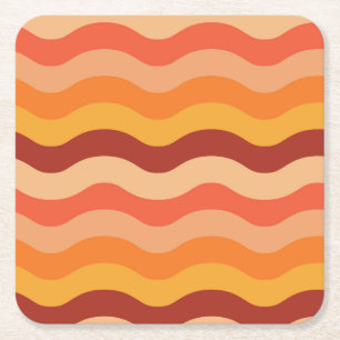 Posavasos Cuadrado De Papel Ondas abstractas retro ochenteras naranjas y amari