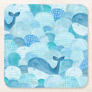 Posavasos Cuadrado De Papel Ondas, ballena, textura azul infantil