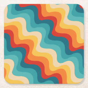 Posavasos Cuadrado De Papel Ondas diagonales de color en estilo retro