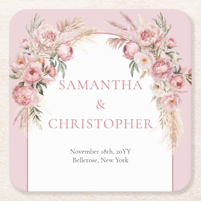 Posavasos Cuadrado De Papel ondulación de moda peonías pampas boho arch eucali (Anverso)