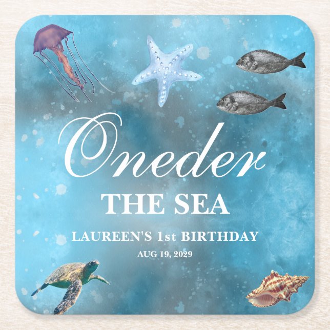 Posavasos Cuadrado De Papel Oneder el mar primer cumpleaños  (Anverso)