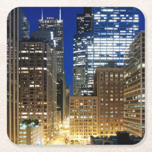 Posavasos Cuadrado De Papel Opinión de la noche del paisaje urbano de Chicago