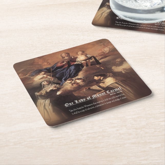 Posavasos Cuadrado De Papel Oración de Nuestra Señora del Monte Carmel (En perspectiva)