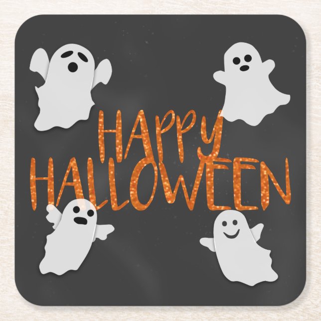 Posavasos Cuadrado De Papel Orange Glitter Happy Halloween (Anverso)