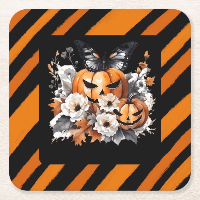 Posavasos Cuadrado De Papel Orange Halloween Pumpkin Floral (Anverso)