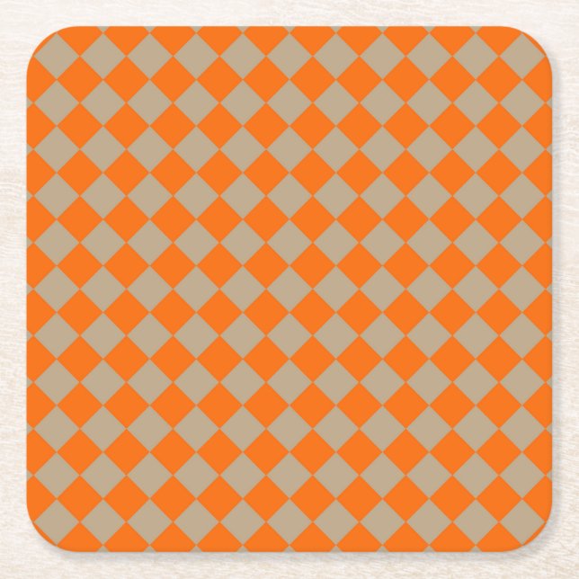 Posavasos Cuadrado De Papel Orange Taupe Checker Diamond Pattern (Anverso)