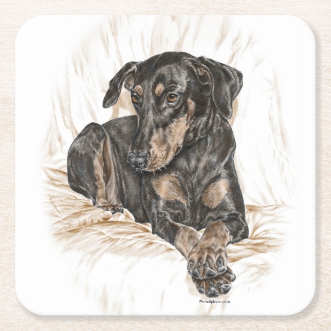 Posavasos Cuadrado De Papel Orejas naturales del perro Doberman (Anverso)