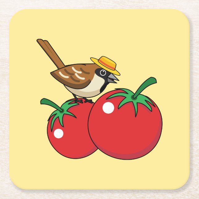 Posavasos Cuadrado De Papel Organic Lover Sparrow Eating Red Tomato (Anverso)