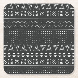 Posavasos Cuadrado De Papel Origen étnico tribal: patrón blanco negro.