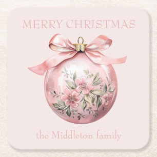 Posavasos Cuadrado De Papel Ornamento de Navidad Floral de color de agua rosa