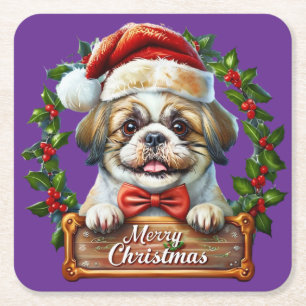 Posavasos Cuadrado De Papel Ornamento navideño de perro lindo - Feliz Navidad